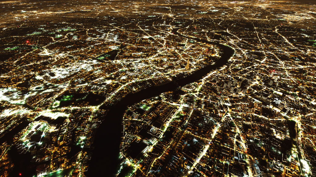 3D drone satellite aerial view of illuminated London United Kingdom at night